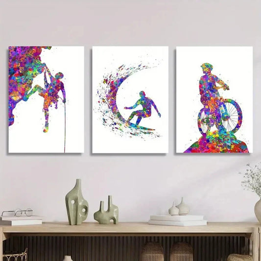 3pcs Rock Climber, Surfer, Mountain Biker Art Metal Print Ready to Hang Art