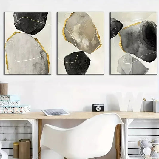 3pcs Featuring Abstract Modern Stone Gold Black Wall Art Set Canvas Framed 40x60cm - High Quality Print 100% Australian Made Wall Canvas Ready to Hang