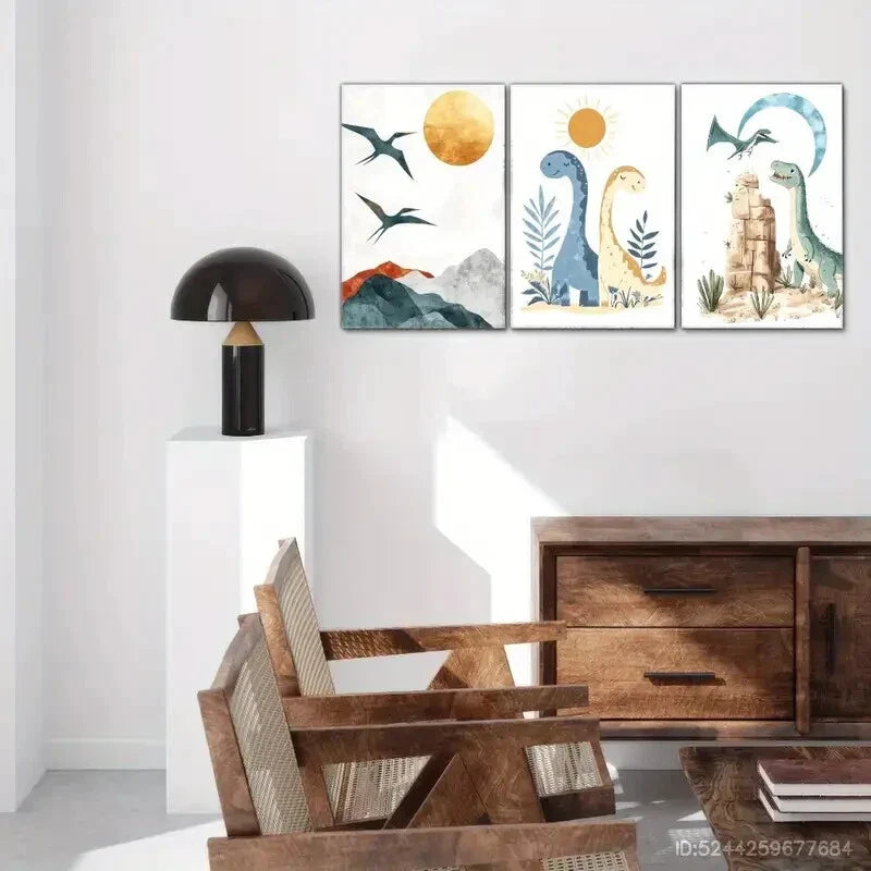 3pcs Cute Little Dinosaurs Playing In Outside Metal Print Ready to Hang Art