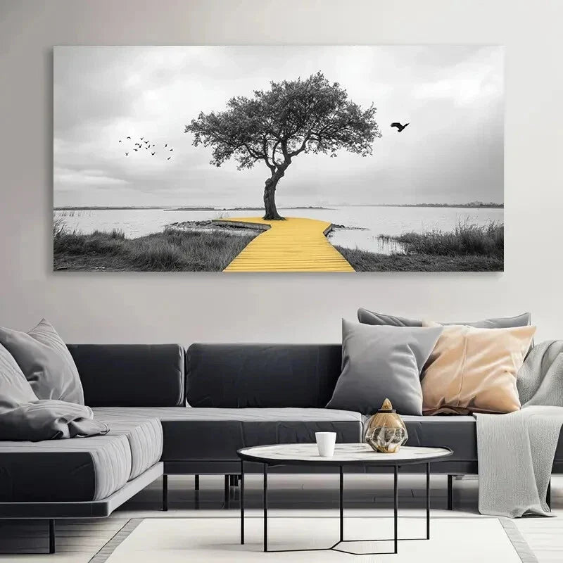 Featuring Grey And Yellow Land Wall Art Canvas Office Home Room Framed 120x60cm