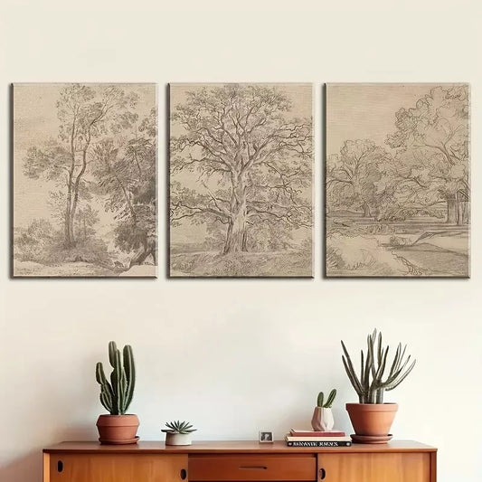3pcs Simple Style trees, sketch retro Paint Wall Art Set Canvas Framed 40x60cm - High Quality Print 100% Australian Made Wall Canvas Ready to Hang