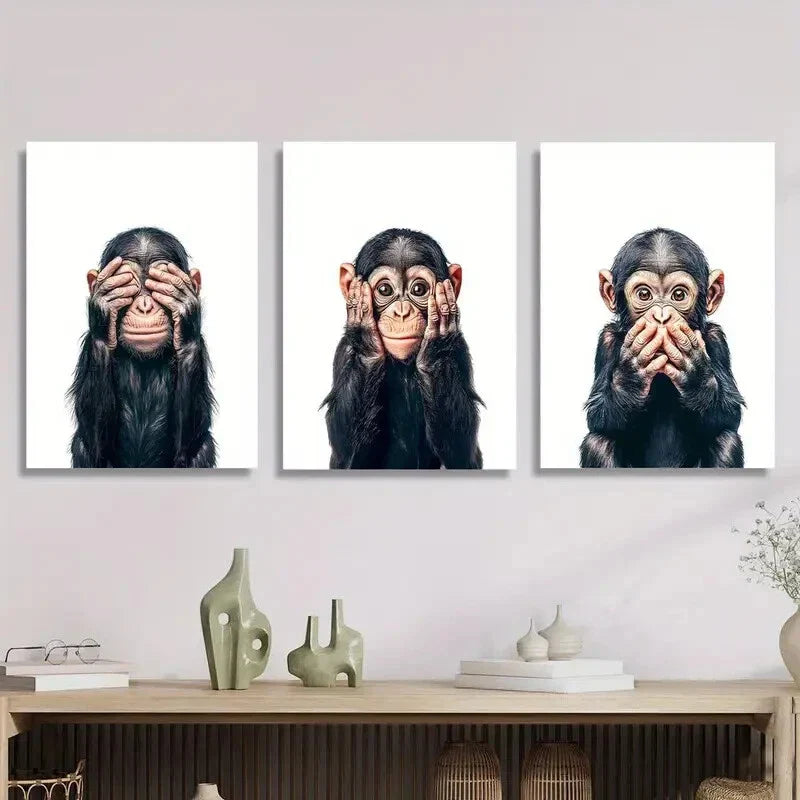 3pcs Playful Monkey Expressions Metal Print Ready to Hang Art