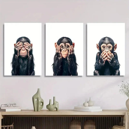 3pcs Playful Monkey Expressions Metal Print Ready to Hang Art