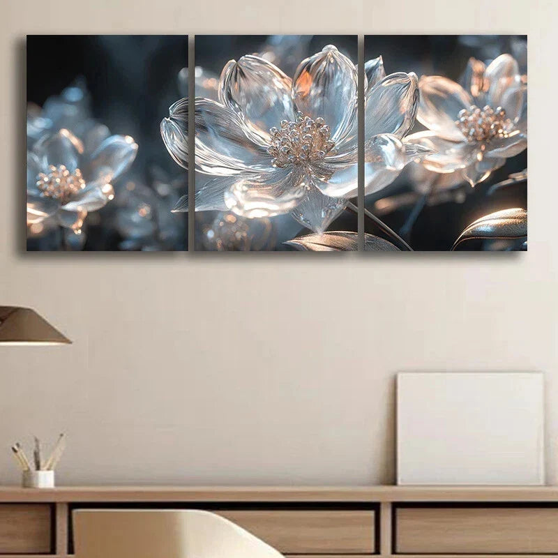 3pcs Abstract Charming Flower Blue & White Metal Print Ready to Hang Art