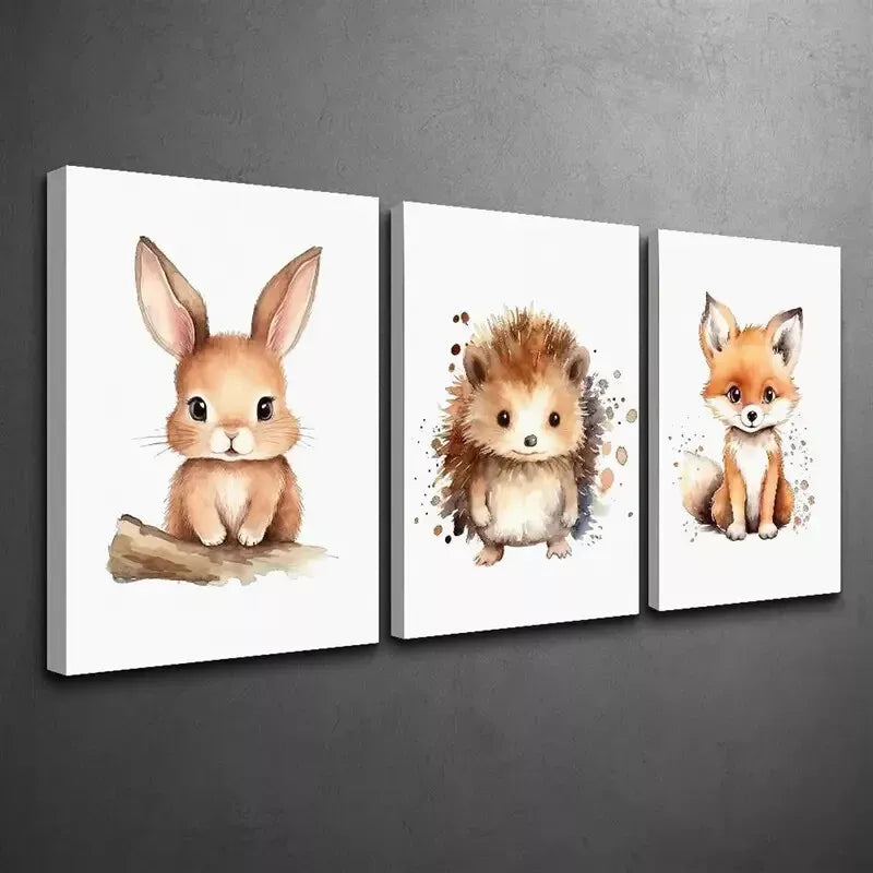 3pcs Fox, Hedgehog & Bunny Canvas Framed 40x60cm - High Quality Print 100% Australian Made Wall Canvas Ready to Hang