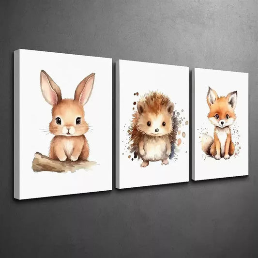 3pcs Fox, Hedgehog & Bunny Canvas Framed 40x60cm - High Quality Print 100% Australian Made Wall Canvas Ready to Hang