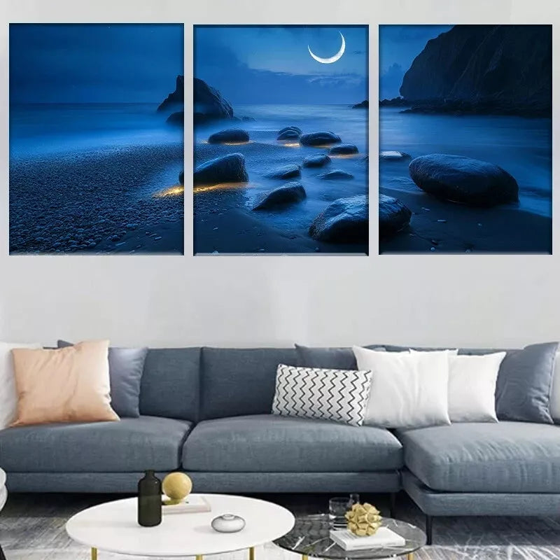 3pcs Tranquil Ocean Shore with Crescent Moon Wall Art Set Canvas Framed 40x60cm - High Quality Print 100% Australian Made Wall Canvas Ready to Hang