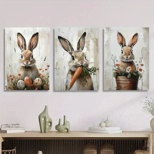 3pcs Rabbits with Eggs & Carrots, Spring Metal Print Ready to Hang Art