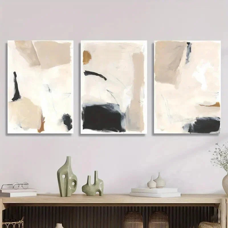 3pcs Beige Abstract Nordic Style Textured Metal Print Ready to Hang Art