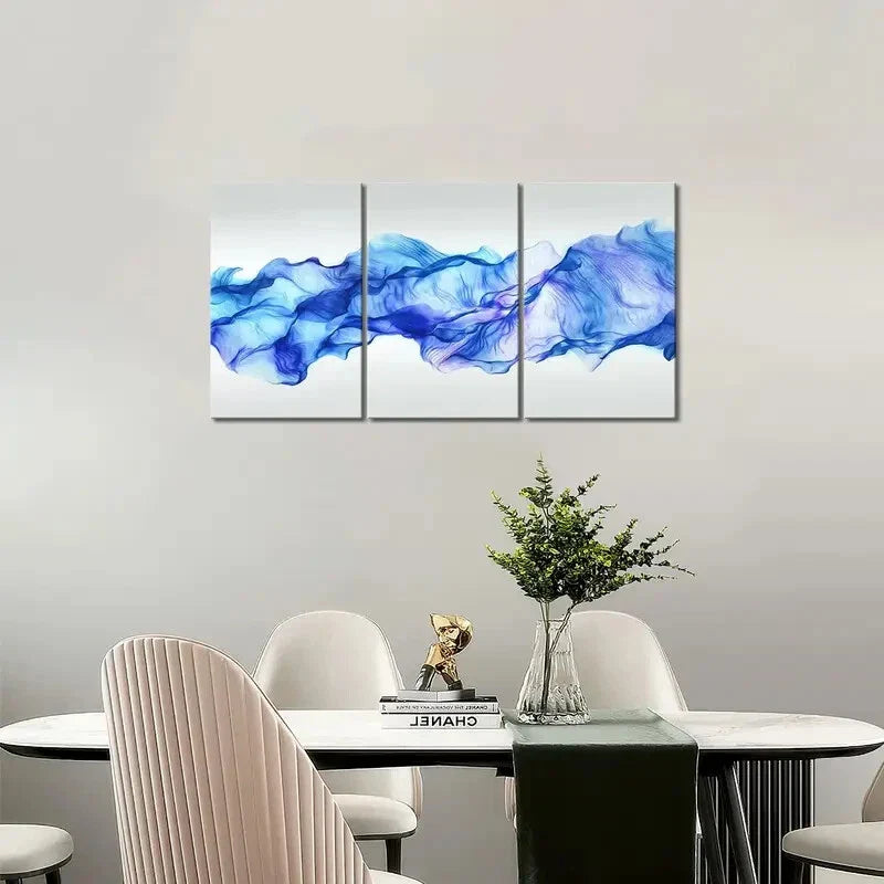 3pcs Abstract Blue Smoke Painting Pictures Metal Print Ready to Hang Art