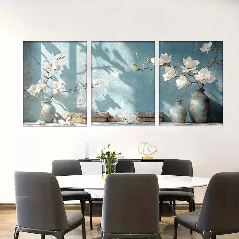 3pcs Modern Elegant Blue Vase Magnolia Floral Wall Art Set Canvas Framed 40x60cm - High Quality Print 100% Australian Made Wall Canvas Ready to Hang