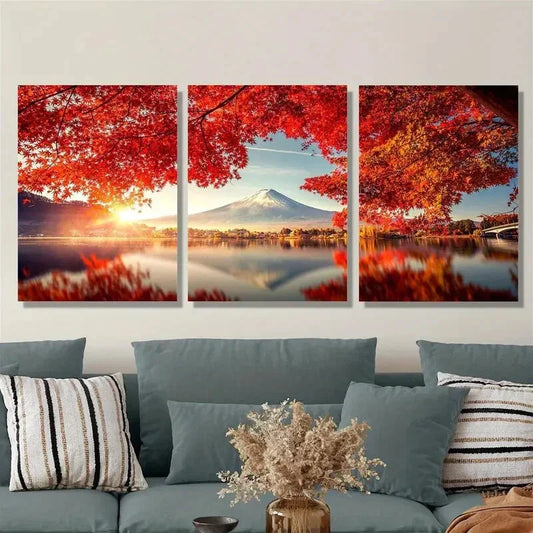 3pcs Autumn Mount Fuji Landscape with Maple Leaves Metal Print Ready to Hang Art