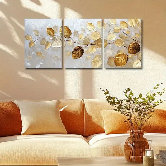 3pcs Modern & Contemporary Style Golden Leaf Metal Print Ready to Hang Art
