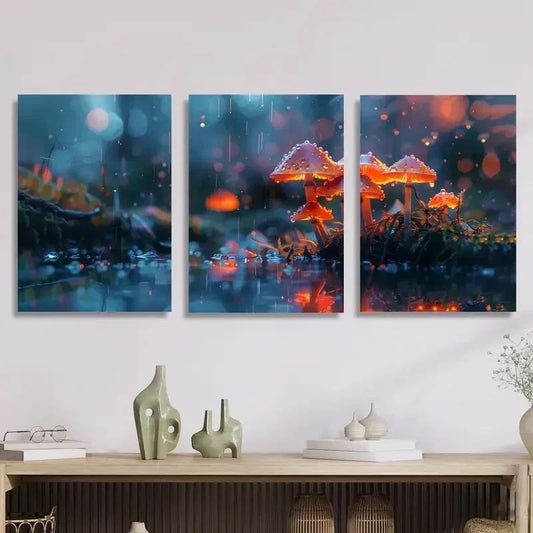 3pcs Mushroom Rain Glow Blue Metal Print Ready to Hang Art