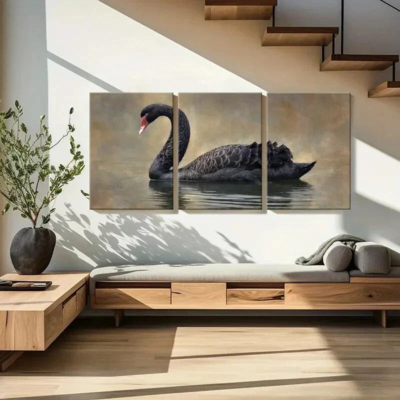 3pcs Elegant Black Swan Abstract Waterfowl Metal Print Ready to Hang Art