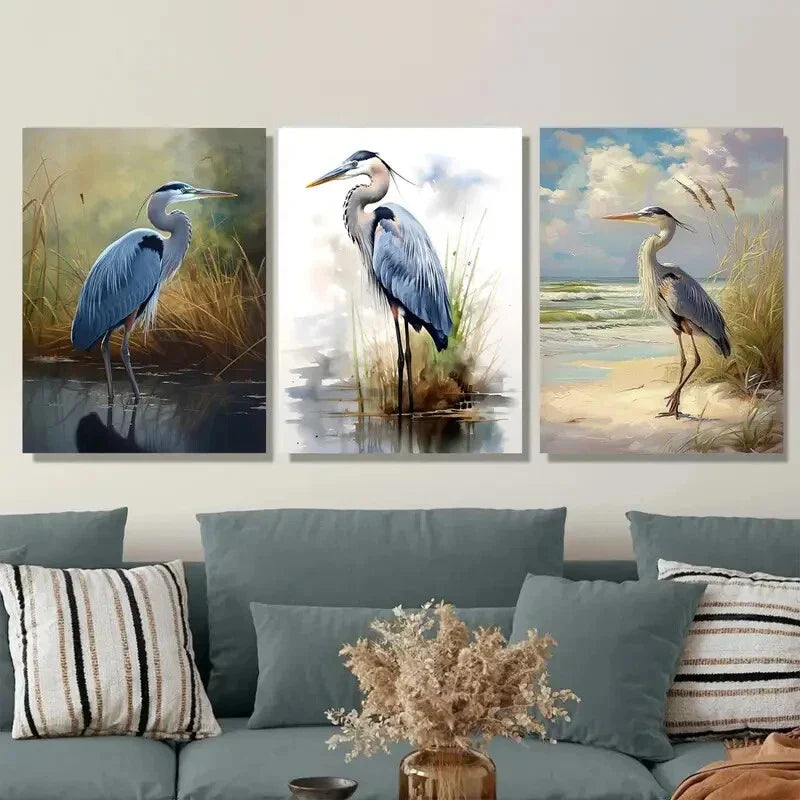 3pcs Nature with Stork in Wetlands & Beach scene Metal Print Ready to Hang Art