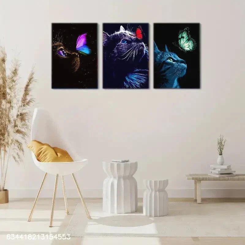 3pcs Cat and Butterfly Decoration Poster Metal Print Ready to Hang Art