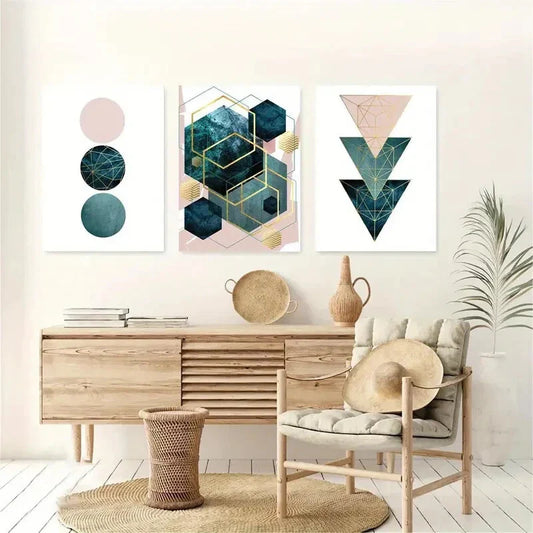 3pcs Teal Shapes Abstract Design Metal Print Ready to Hang Art
