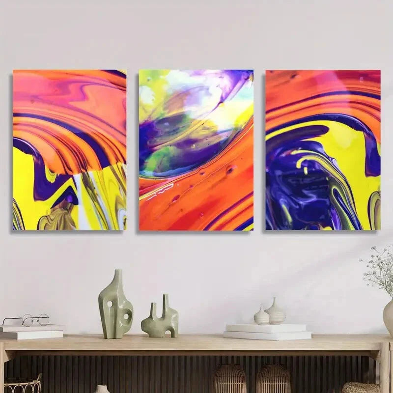 3pcs Abstract poster with multi-color liquid Metal Print Ready to Hang Art