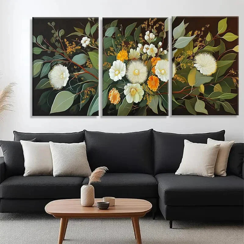 3pcs White & Yellow Blossoms with Green Perfect Wall Art Set Canvas Framed 40x60cm - High Quality Print 100% Australian Made Wall Canvas Ready to Hang