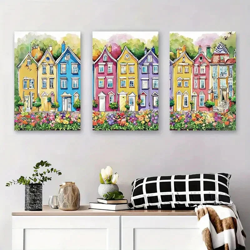 3pcs Colorful House and Flower Vibrant Street Metal Print Ready to Hang Art