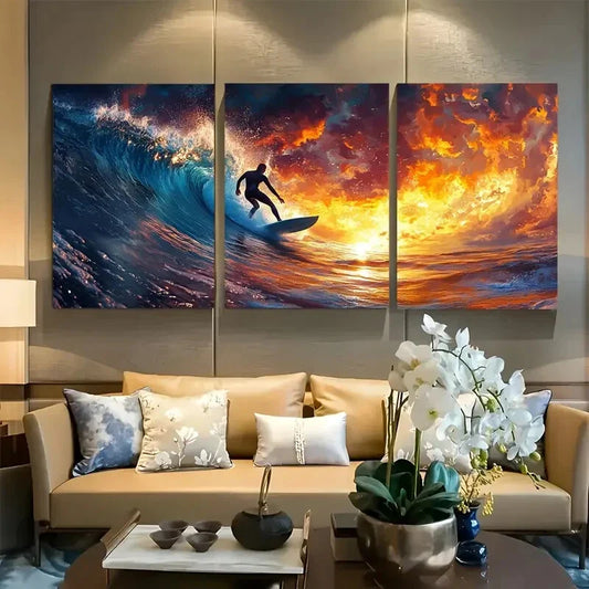 3pcs Surfer Catching Wave During Sunset Metal Print Ready to Hang Art