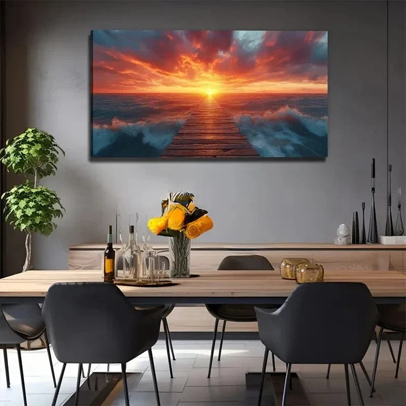 Sunset On The Wooden Bridge Wall Art Canvas Office Home Room Framed 80x45cm
