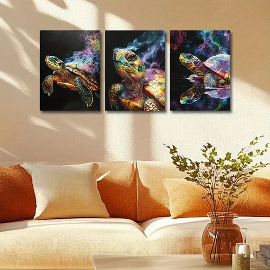 3pcs Colorful Turtle Design with Black Background Metal Print Ready to Hang Art