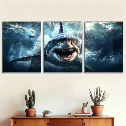 3pcs Fierce Great White Shark Deep Sea Predator Metal Print Ready to Hang Art