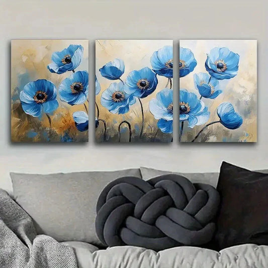 3pcs Abstract Blue Poppies Modern Metal Print Ready to Hang Art