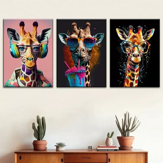 3pcs stylish giraffe - animal paintings graffiti Wall Art Set Canvas Framed 40x60cm - High Quality Print 100% Australian Made Wall Canvas Ready to Hang