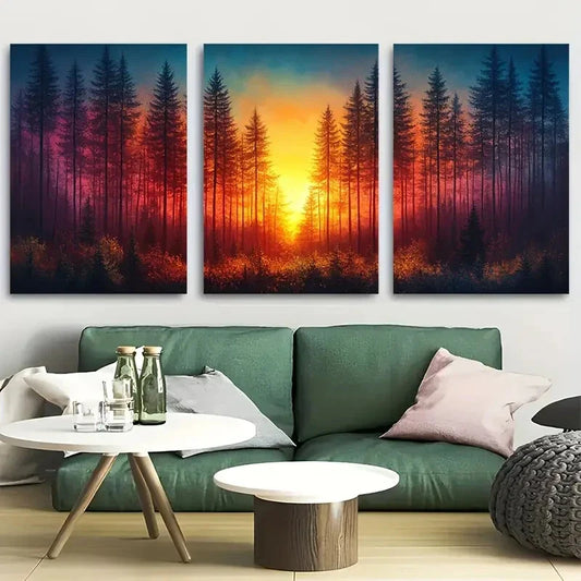 3pcs Colorful Forest Sunset in a Pine Forest Metal Print Ready to Hang Art