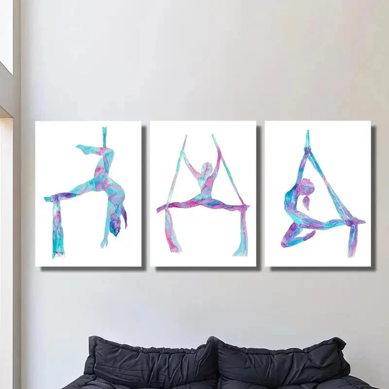 3pcs Aerial lady silk art silk yoga silhouette Metal Print Ready to Hang Art