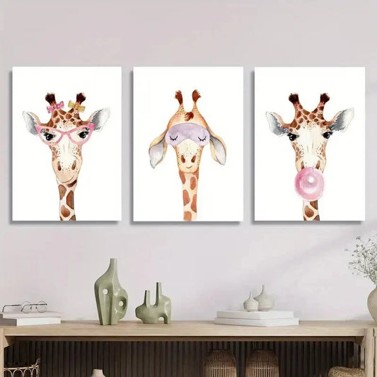 3pcs , Cartoon cute watercolor funny giraffe Metal Print Ready to Hang Art