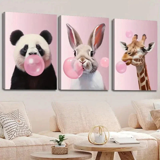 3pcs Romantic Animal Illustration, Pink Bubble Metal Print Ready to Hang Art