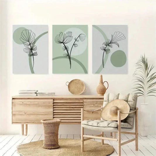 3pcs Green Botanical Line Art Design Metal Print Ready to Hang Art