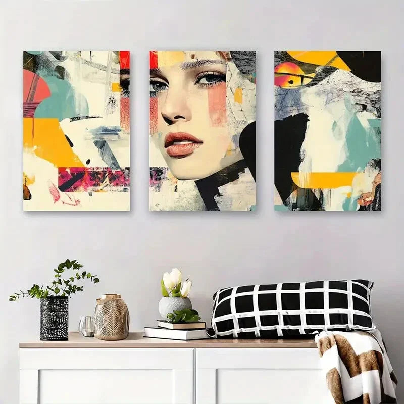 3pcs Colorful Geometric Shapes with Female Face Metal Print Ready to Hang Art