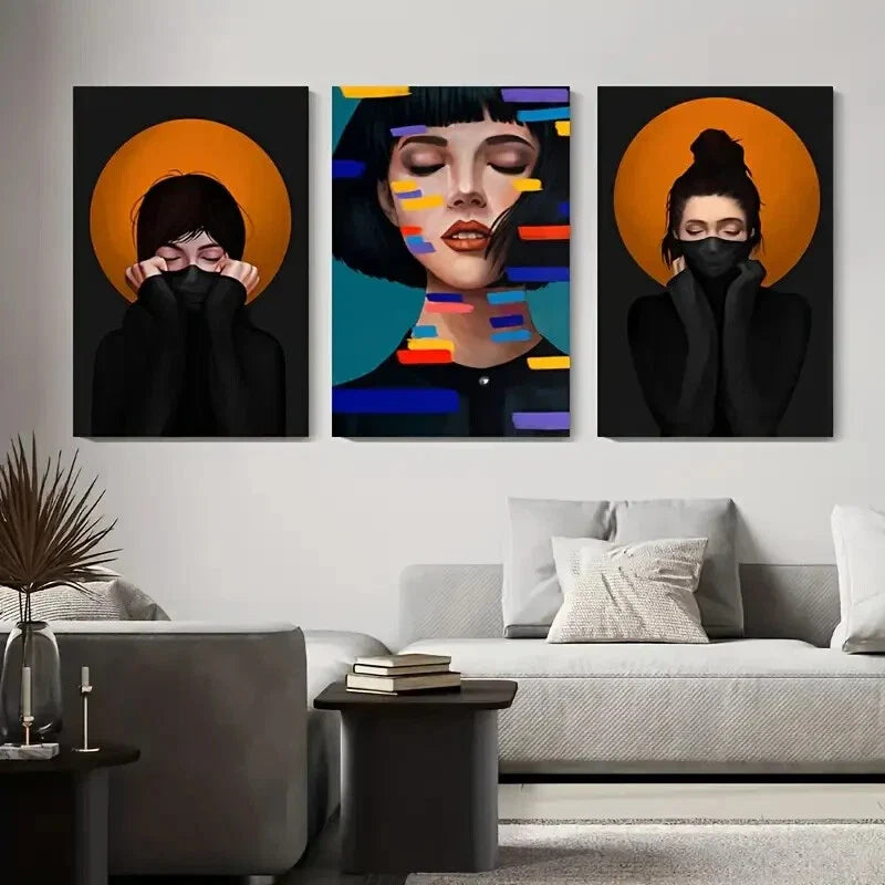 3pcs Vibrant Geometric Female Portraits Wall Art Set Canvas Framed 40x60cm - High Quality Print 100% Australian Made Wall Canvas Ready to Hang
