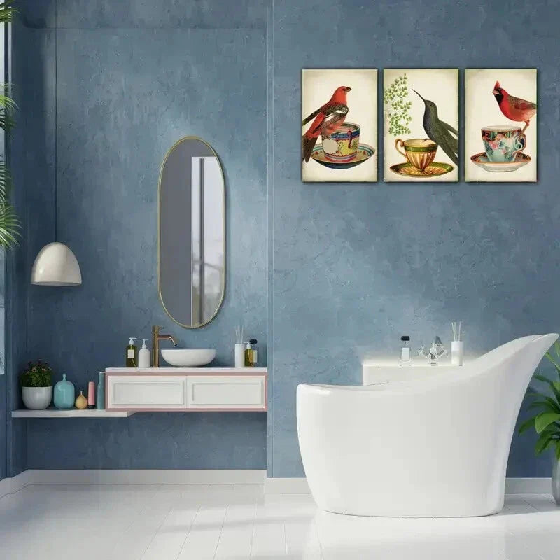 3pcs Vibrant Bird & Teacup Modern Style Metal Print Ready to Hang Art