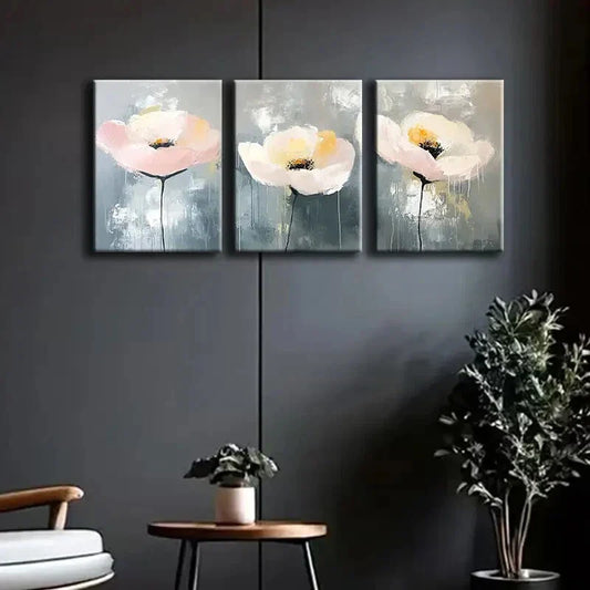 3pcs Pink & Yellow Poppy on Grey Background Metal Print Ready to Hang Art