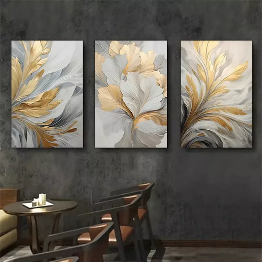 3pcs Golden and White leaf Abstract Canvas Framed 40x60cm - High Quality Print 100% Australian Made Wall Canvas Ready to Hang