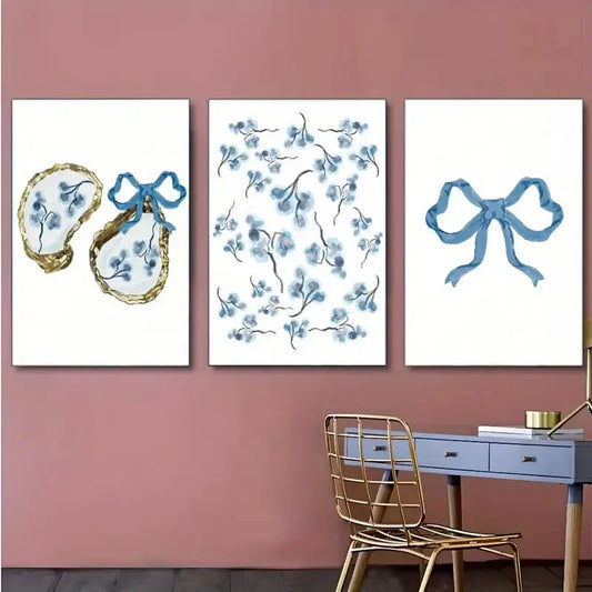 3pcs Elegant Blue Bow & Floral Metal Print Ready to Hang Art