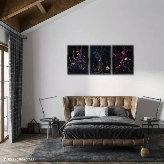 3pcs Red Blooms on a Dark Backdrop Floral Design Metal Print Ready to Hang Art