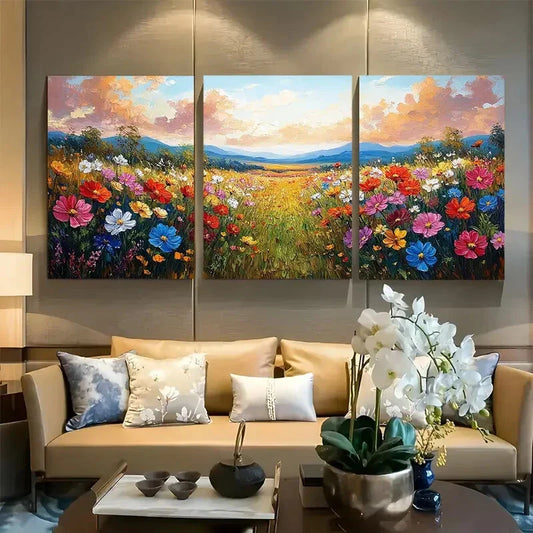 3pcs Vibrant Spring Wildflower Field Landscape Metal Print Ready to Hang Art
