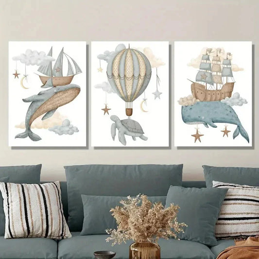 3pcs Flying Whale, Turtle & Sailing Ship with Hot Metal Print Ready to Hang Art