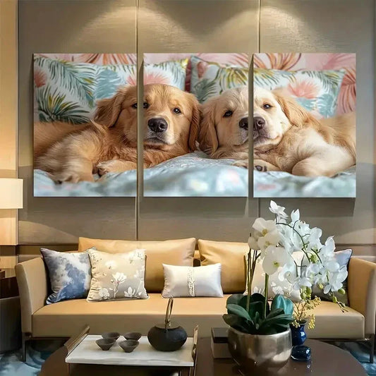 3pcs Golden Retriever Couple in Bed Metal Print Ready to Hang Art