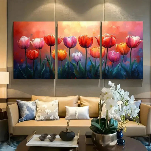 3pcs Vibrant Tulip Field Metal Print Ready to Hang Art