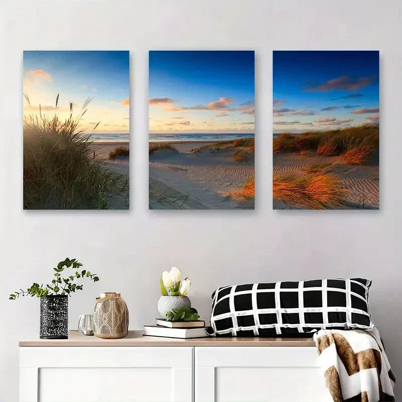 3pcs Sunset Beach Grass Coastal Landscape Metal Print Ready to Hang Art