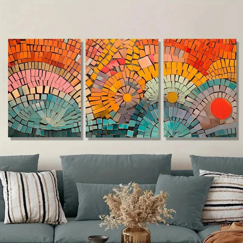 3pcs colorful geometric modern art, mosaic puzzle Metal Print Ready to Hang Art
