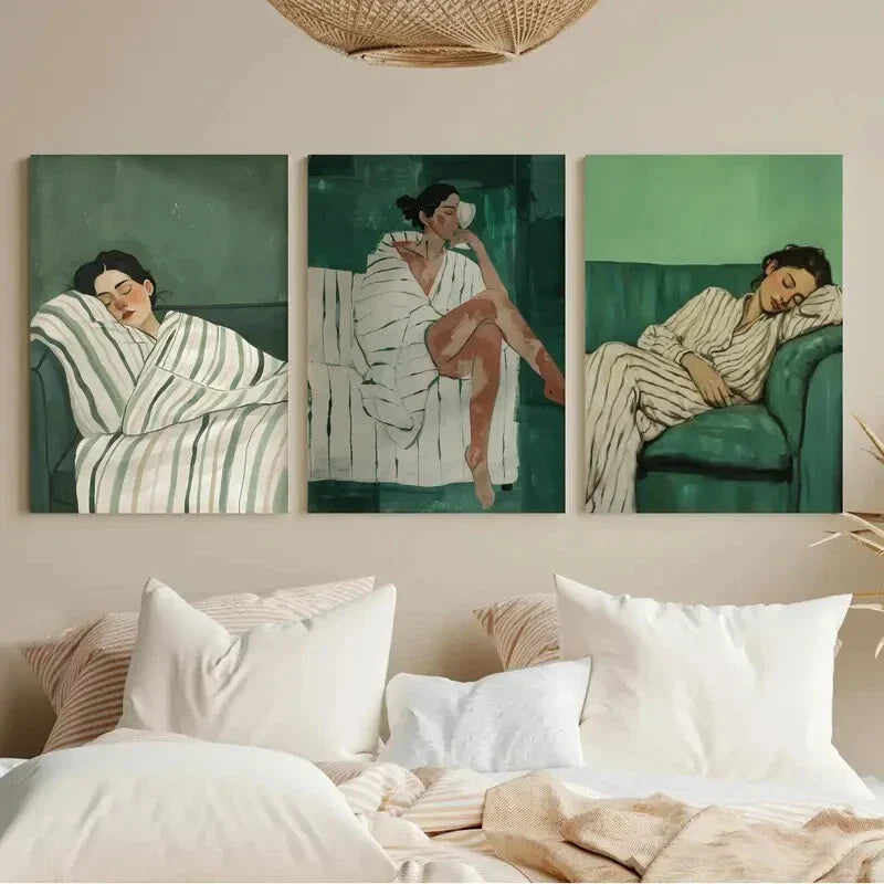3pcs Emerald Green Abstract Minimalist Metal Print Ready to Hang Art